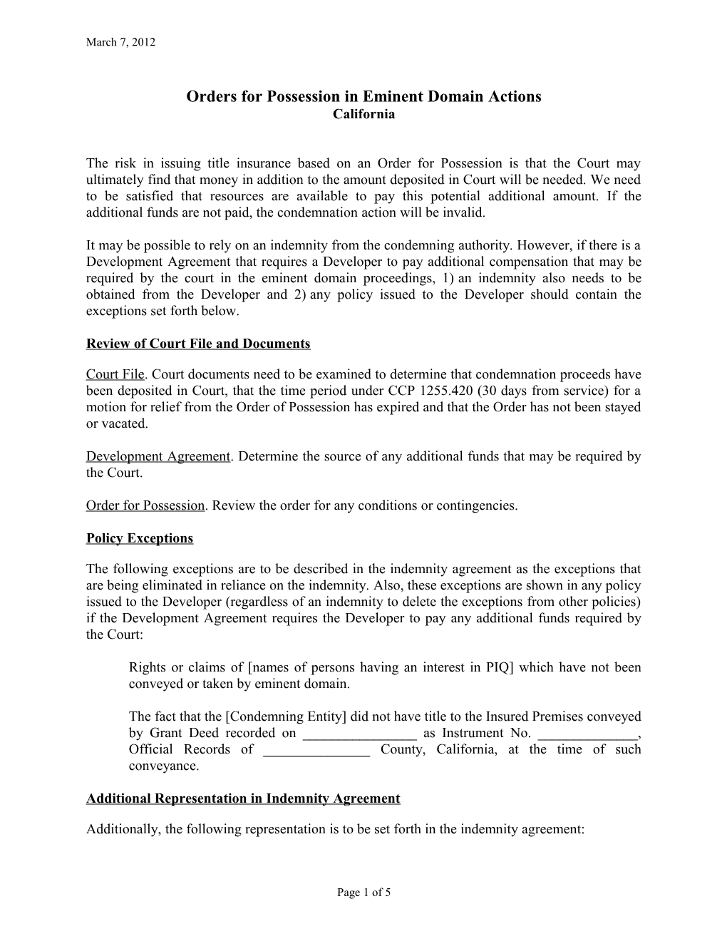 Orders for Possession in Eminent Domain Actions