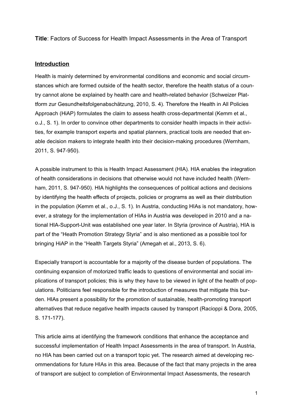 Title: Factors of Success for Health Impact Assessments in the Area of Transport