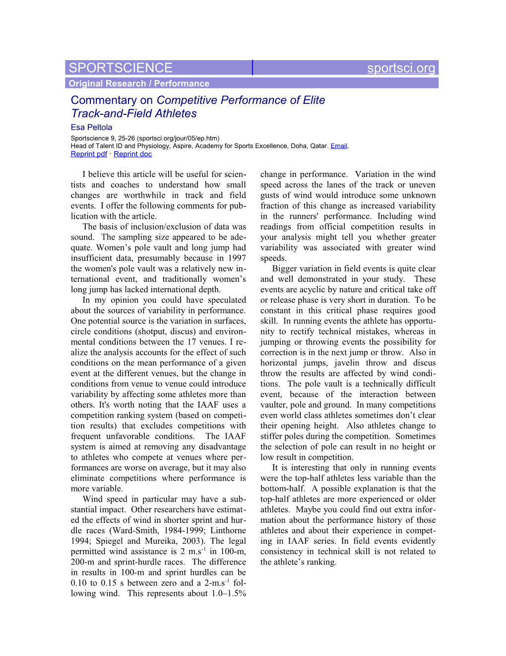 Commentary on Competitive Performance of Elite Track-And-Field Athletes