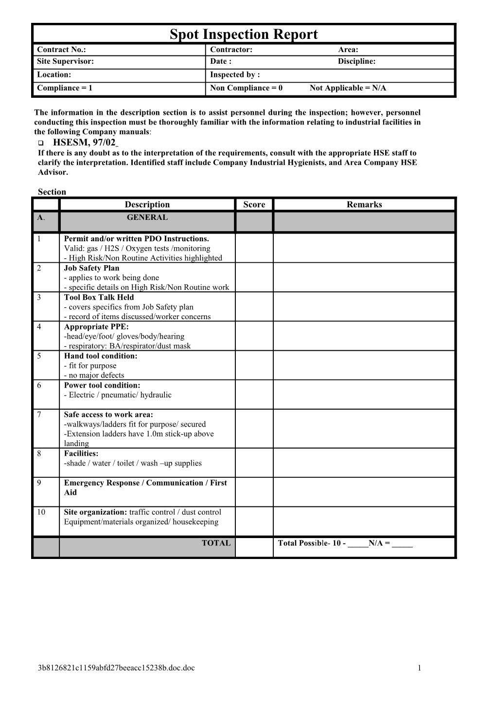 Spot Inspection Checklist