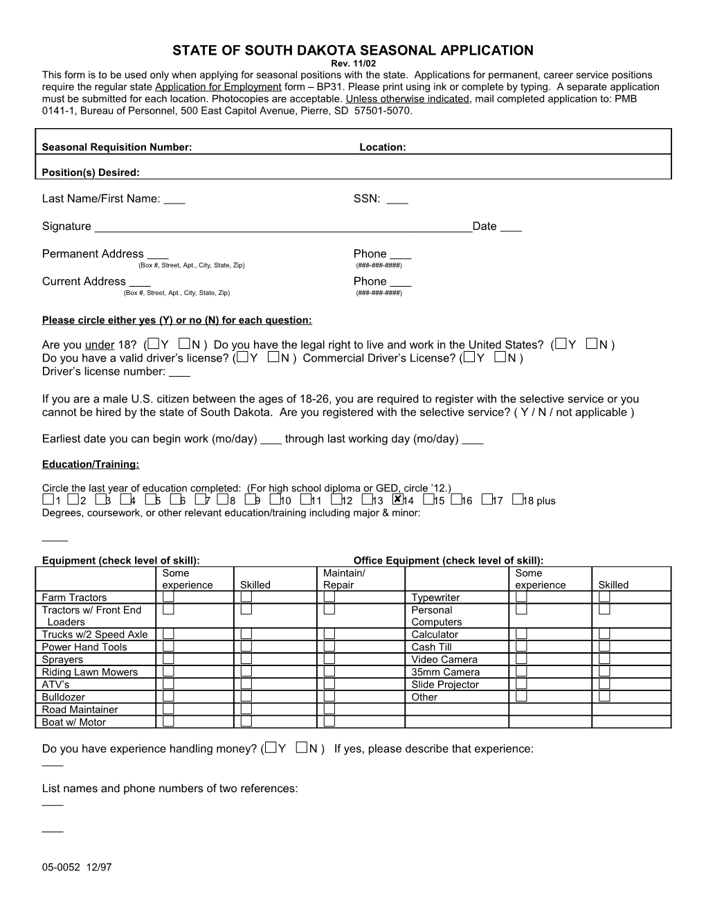 State of South Dakota Seasonal Application