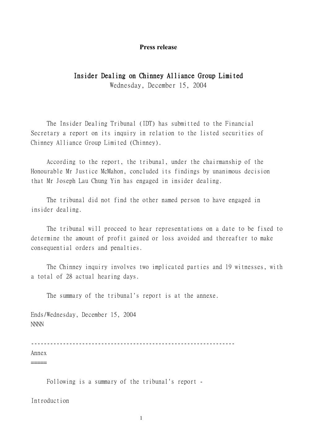 Insider Dealing on Chinney Alliance Group Limited (15