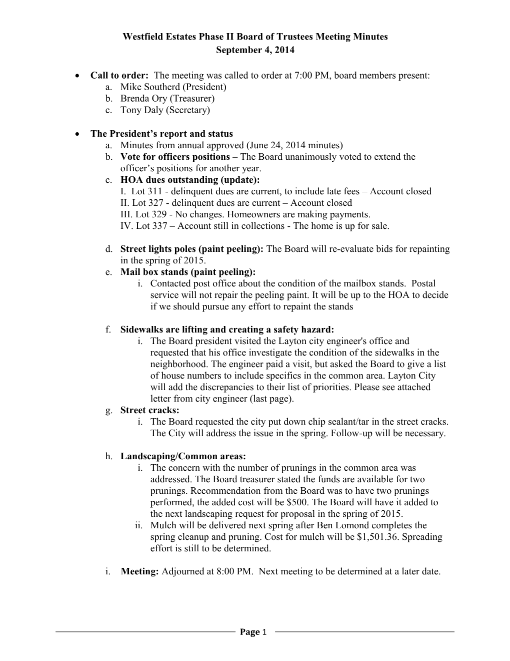 Westfield Estates Phase II Board of Trustees Meeting Minutes