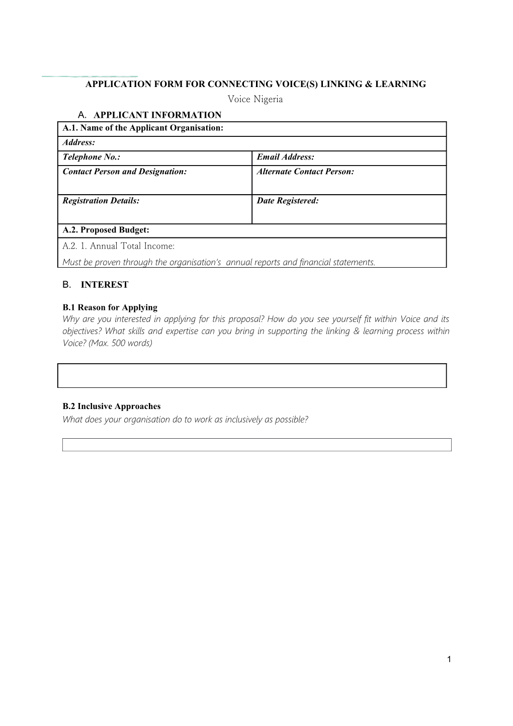 Application Form for Connecting Voice(S) Linking & Learning