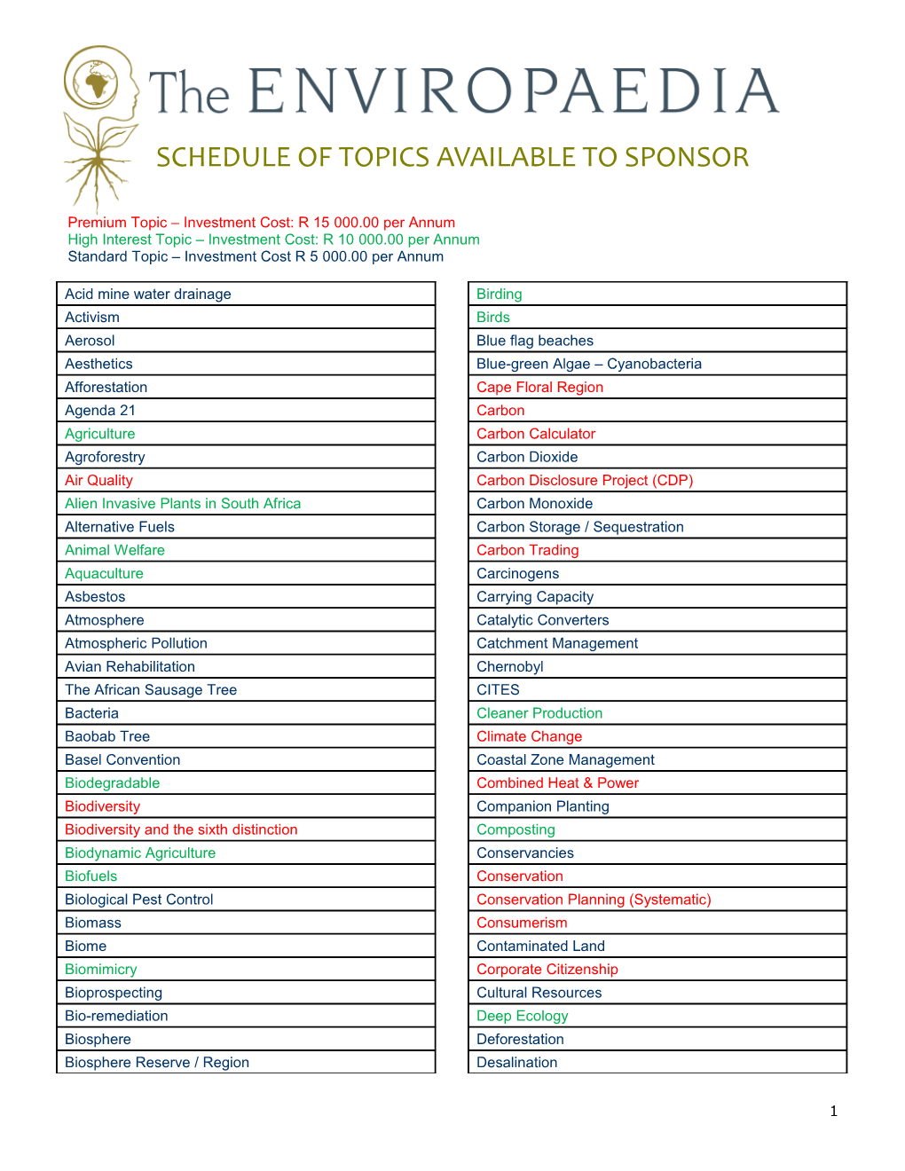 Schedule of Topics Available to Sponsor