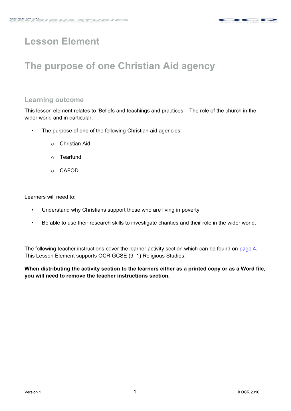 OCR GCSE Religious Studies Lesson Element - the Purpose of One Christina Aid Agency