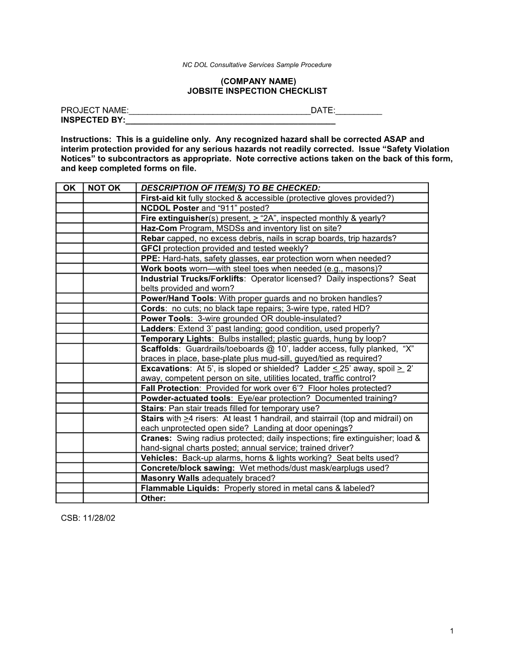 NC DOL Consultative Services Sample Procedure