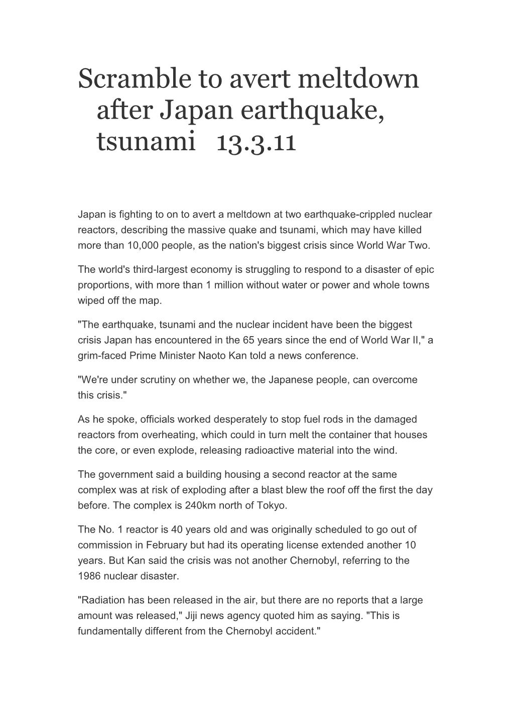 Scramble to Avert Meltdown After Japan Earthquake, Tsunami