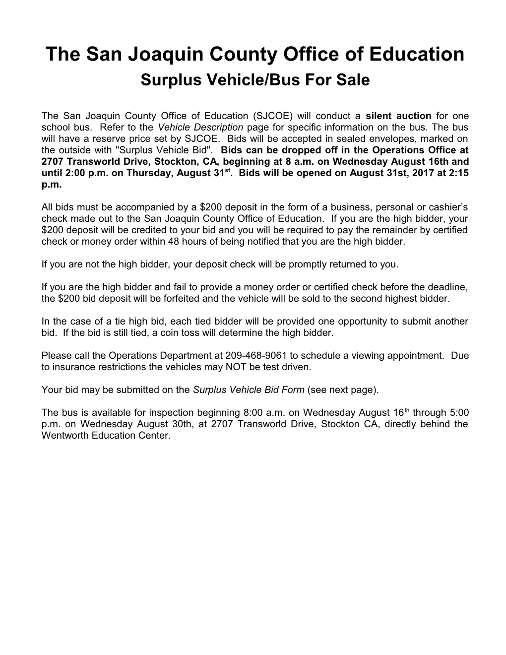 The San Joaquin County Office of Education Has Surplus Vehicles for Sale