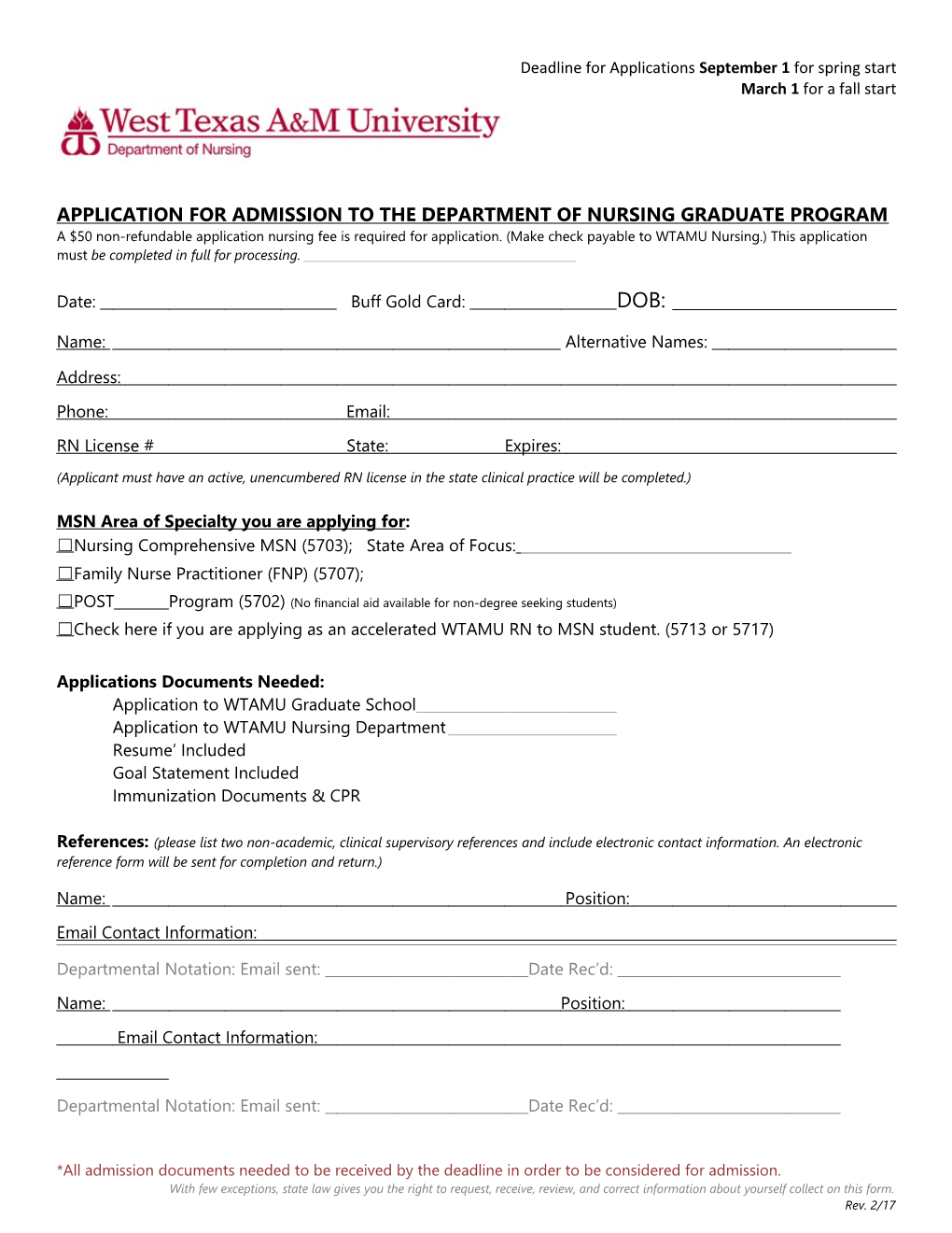 Application for Admission to the Department of Nursing Graduate Program