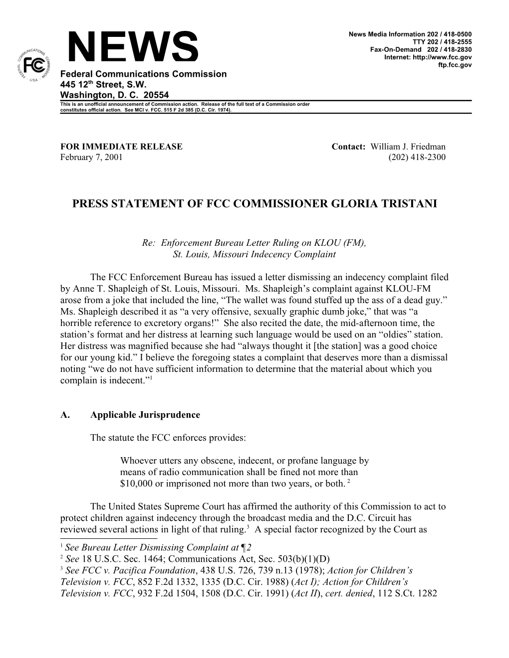 Press Statement of Fcc Commissioner Gloria Tristani