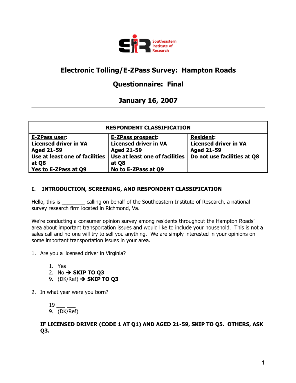 Electronic Tolling/E-Zpasssurvey: Hampton Roads