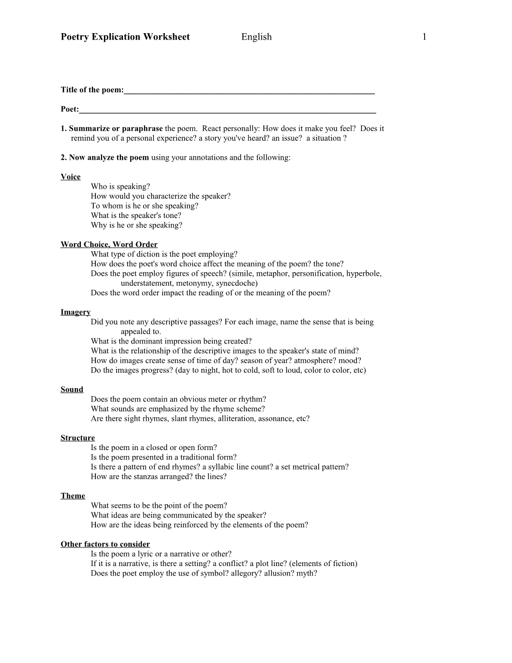 Poetry Explication Worksheet