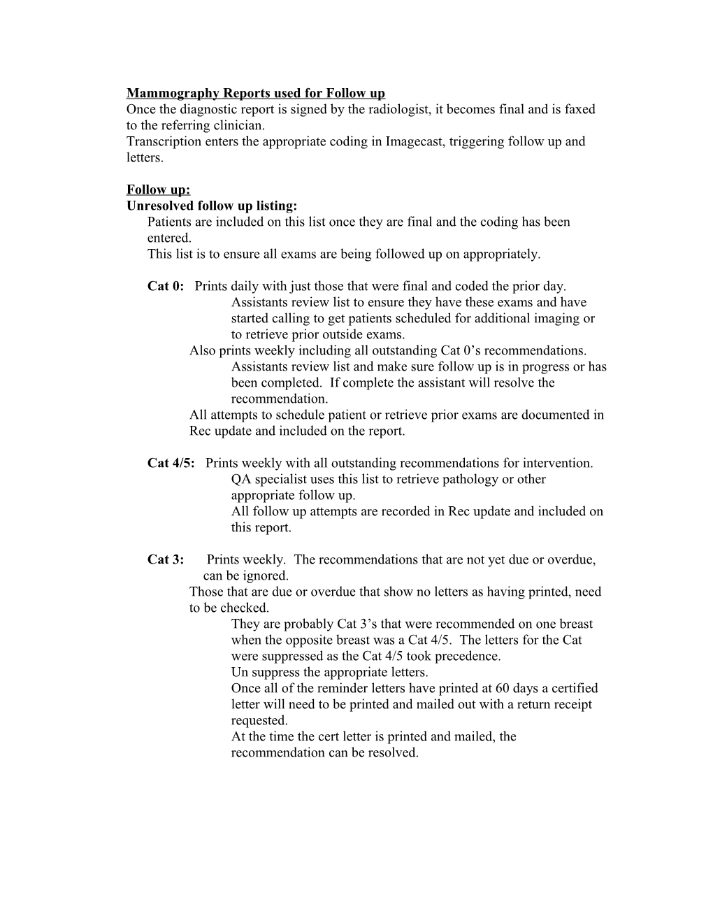 Mammography Reports Used for Follow Up