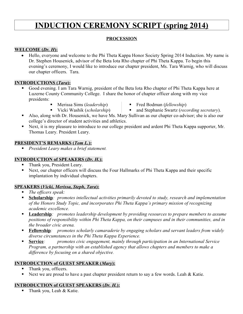 INDUCTION CEREMONY SCRIPT (Fall 2010)