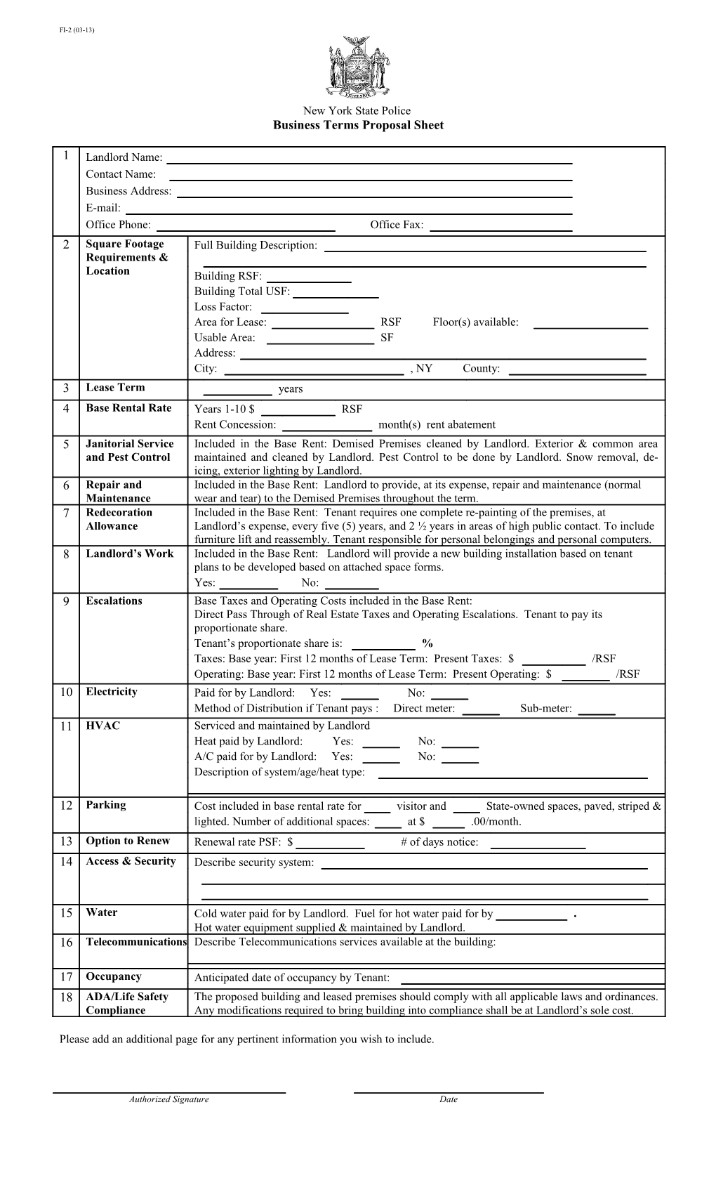 Business Terms Proposal Sheet