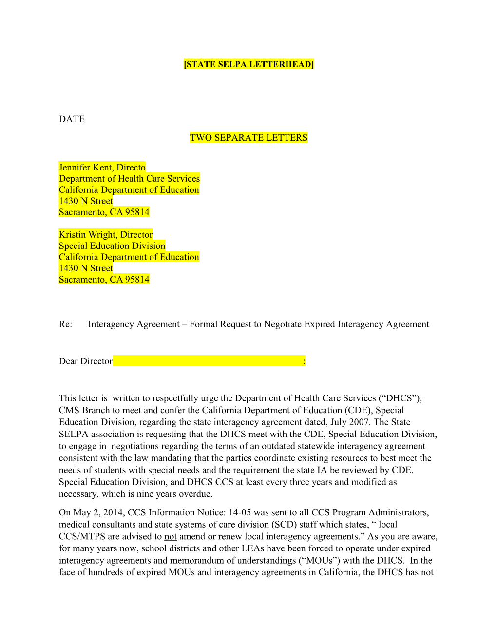 State SELPA Letter to DHCS Re Interagency Agreements (SC084495;1)