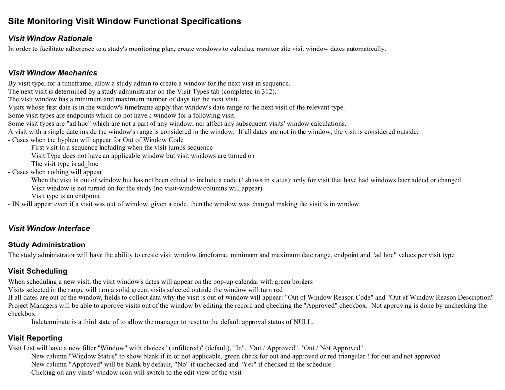 Site Monitoring Visit Window Functional Specifications