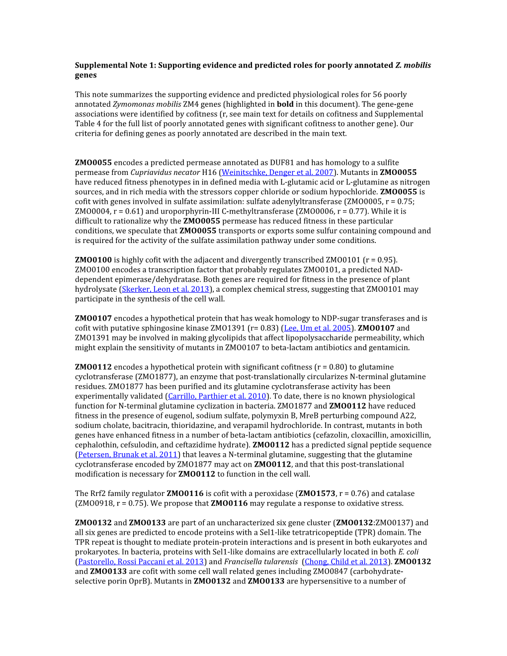 Supplemental Note 1: Supporting Evidence and Predicted Roles for Poorly Annotated Z. Mobilis