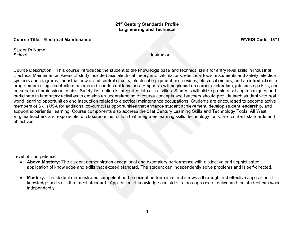 Course Title: Electrical Maintenance WVEIS Code 1871