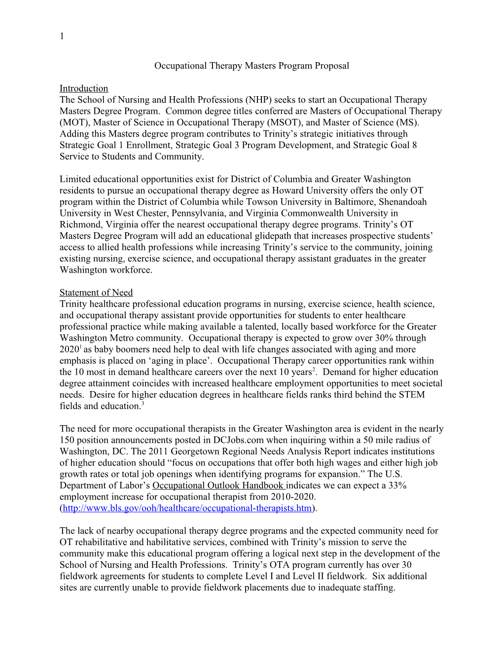 Occupational Therapy Masters Program Proposal