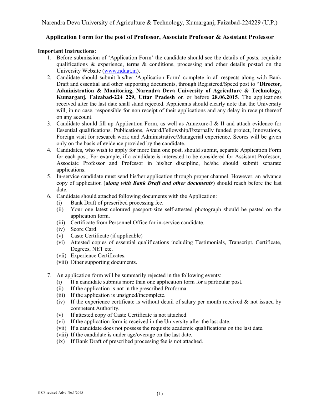 Application Form for the Post of Professor, Associate Professor & Assistant Professor