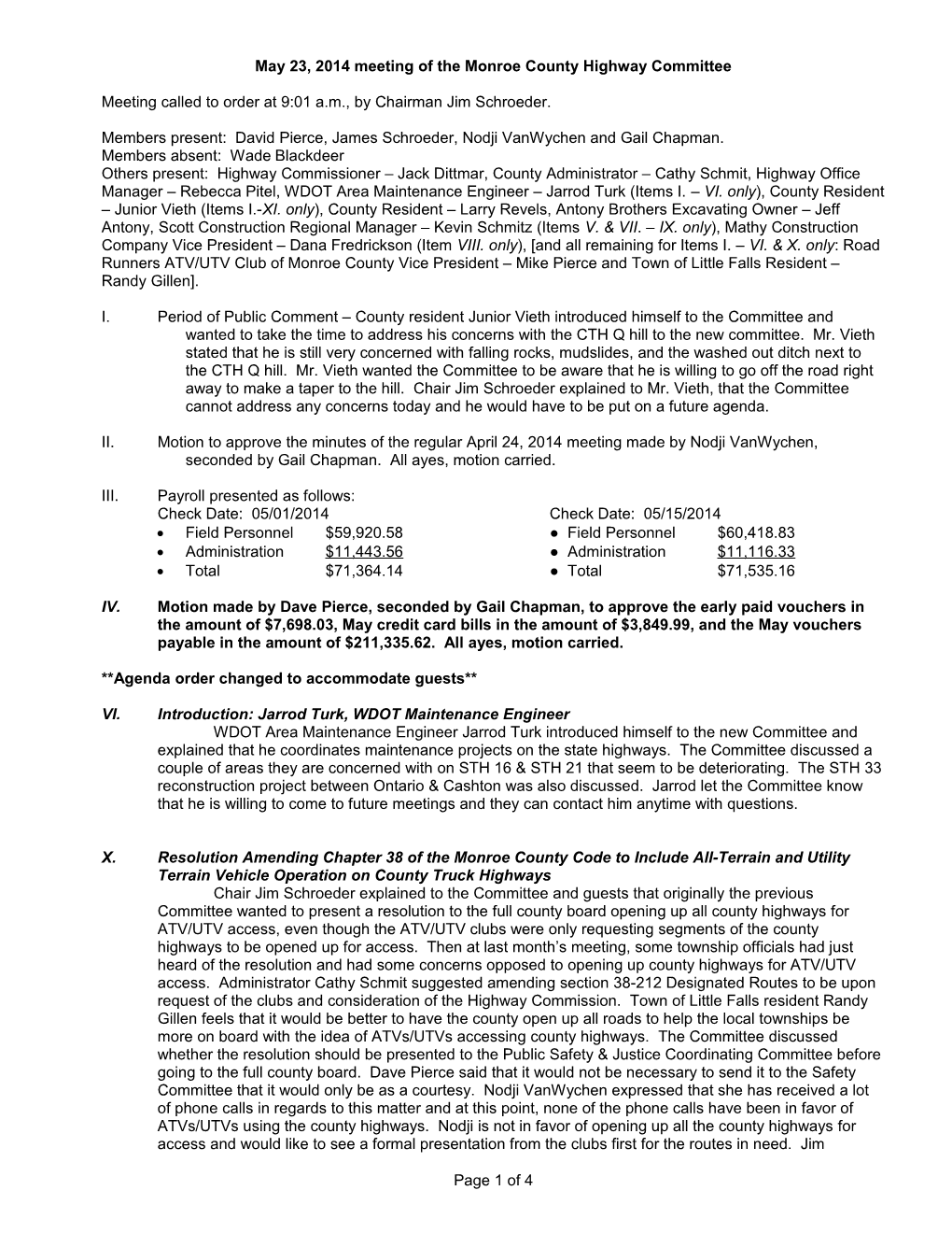 May 23, 2014 Meeting of the Monroe County Highway Committee