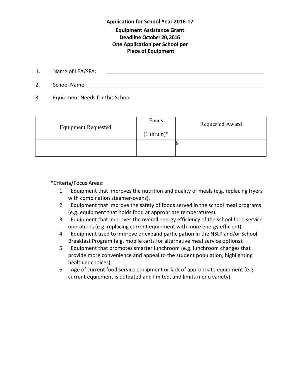 Application for 2009 Equipment Assistancegrant