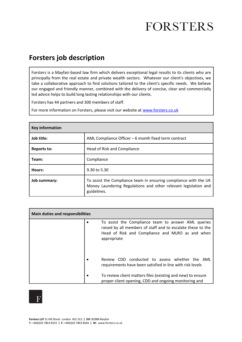 Forsters Job Description