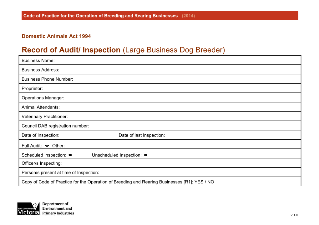 Record of Audit/Inspection (Large Business Dog Breeder) V 1.2 Page 1 of 59