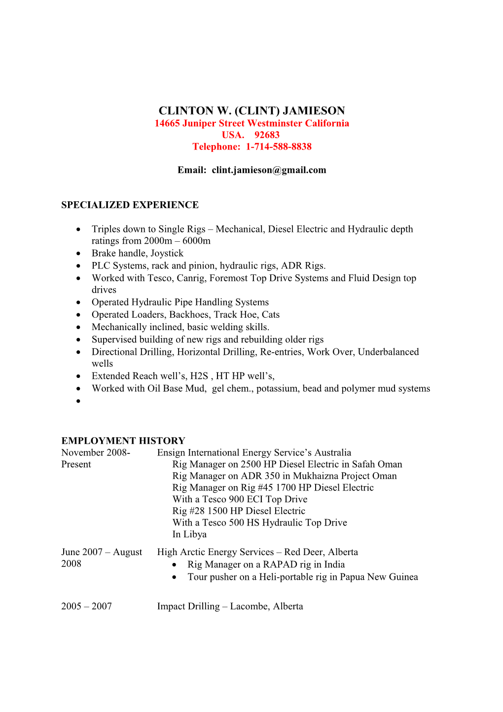 RESUMÉ CLINTON W. (CLINT) JAMIESON Page 1