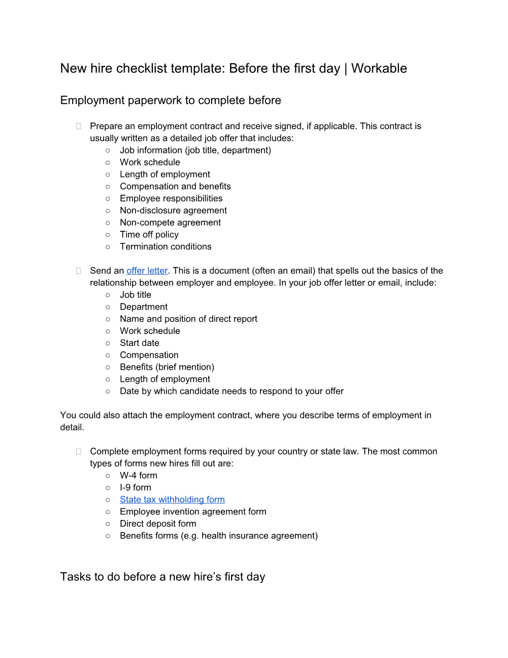 New Hire Checklist Template: Before the First Day Workable