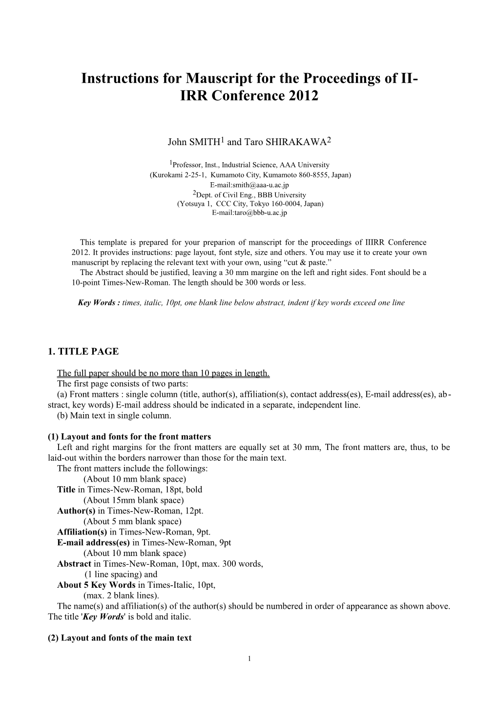 Instructions for Mauscript for the Proceedings of IIIRR Conference 2012