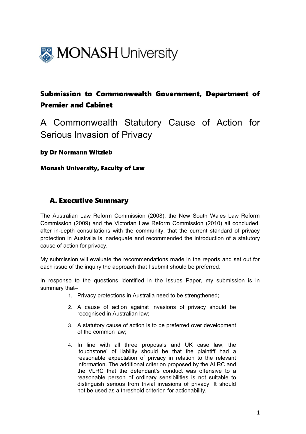 Submission to Commonwealth Government, Department of Premier and Cabinet