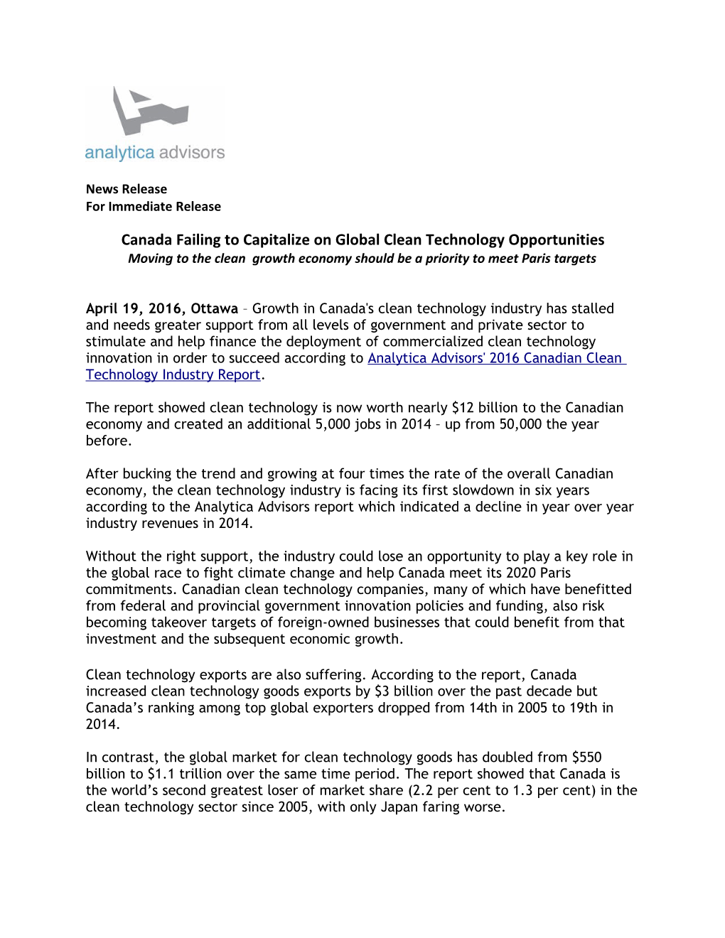 Canada Failing to Capitalize on Global Clean Technologyopportunities