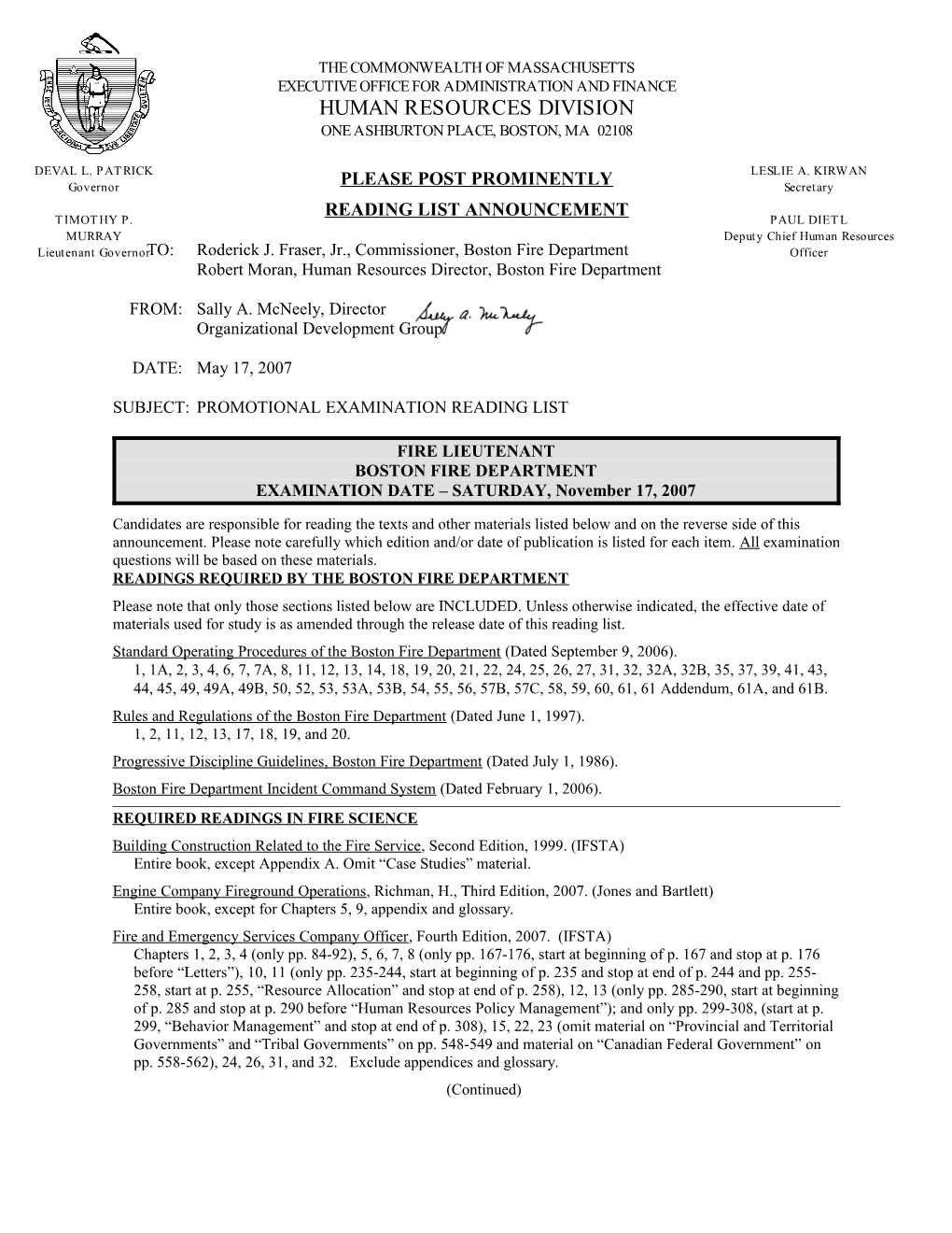 Reading List for November 2007 Boston Fire Lieutenant Departmental Promotional Examination