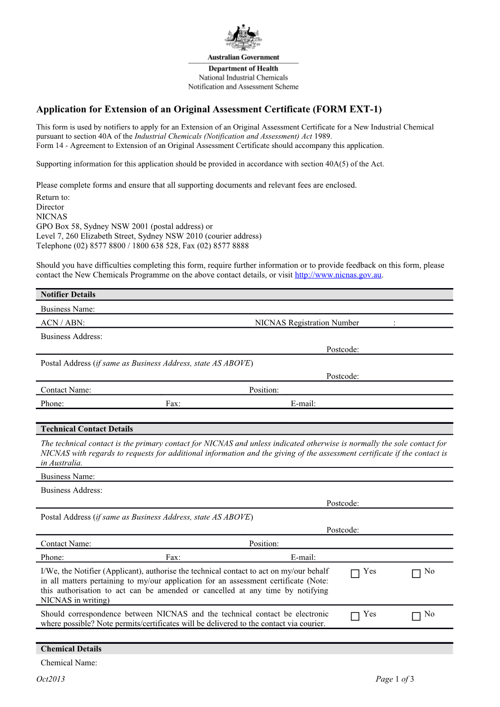 Application for Extension of an Original Assessment Certificate (FORM EXT-1)