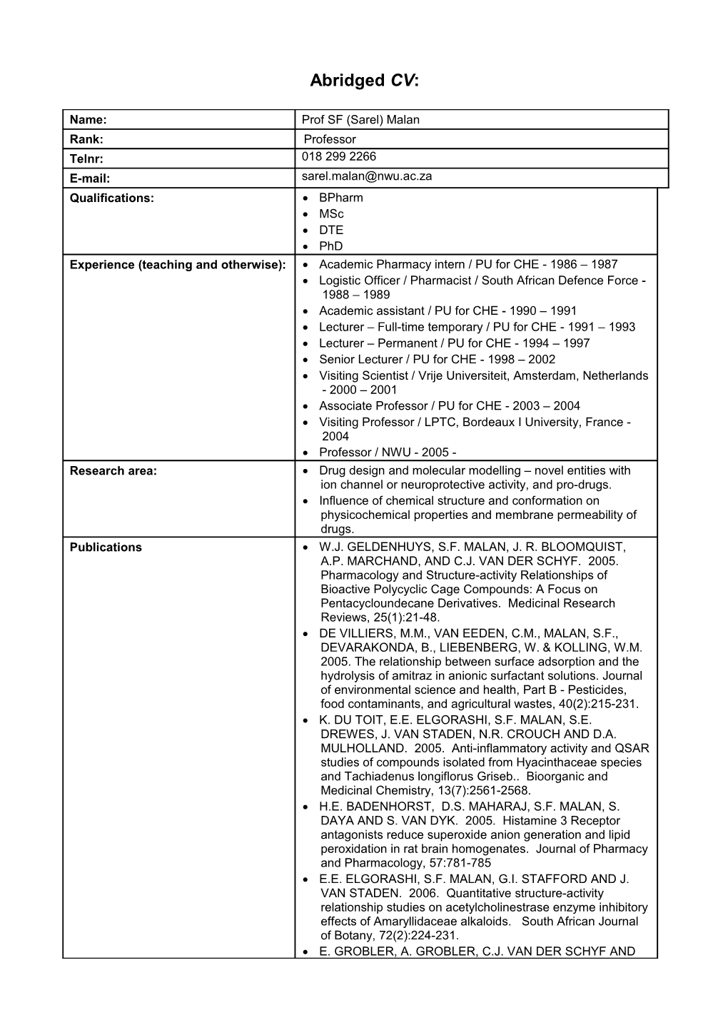 Academic Pharmacy Intern / PU for CHE - 1986 1987