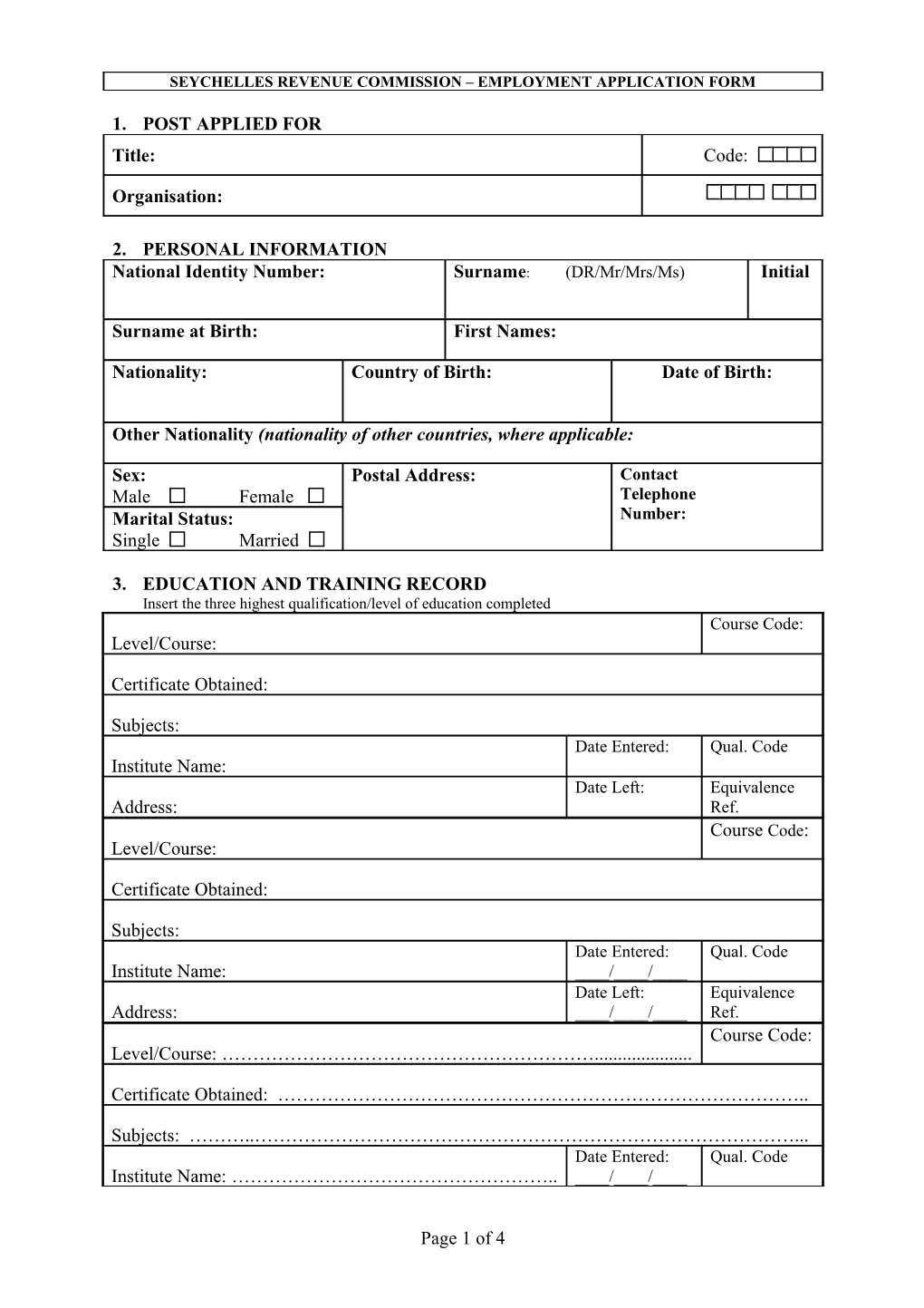 Form Hpa-1 Government of Seychelles Employment Application Form Page 1