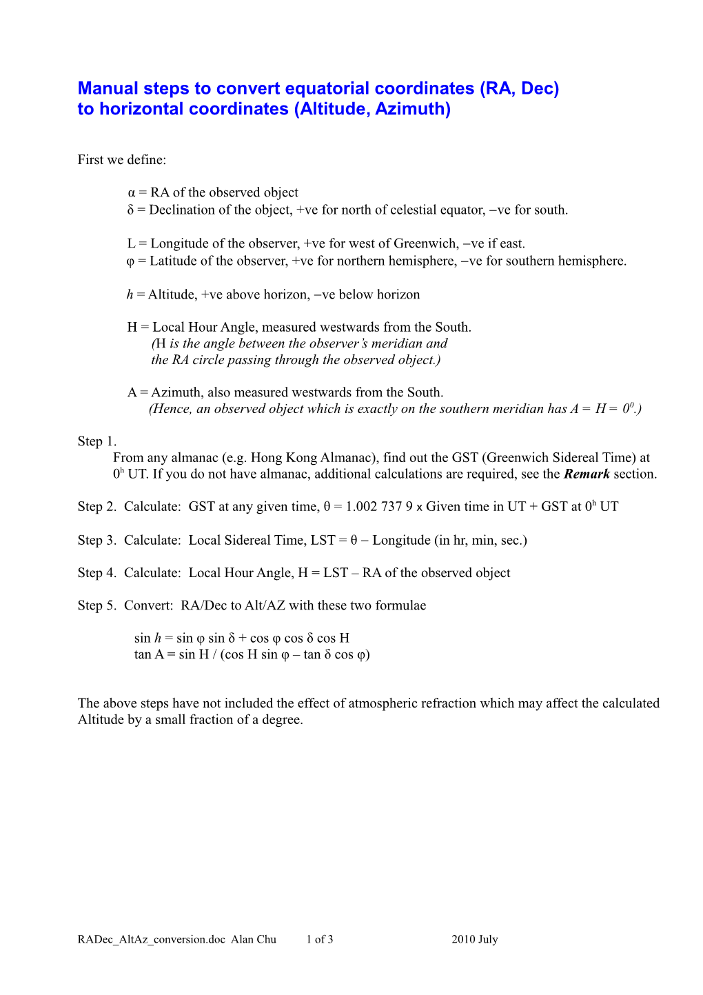 To Horizontal Coordinates (Altitude,Azimuth)