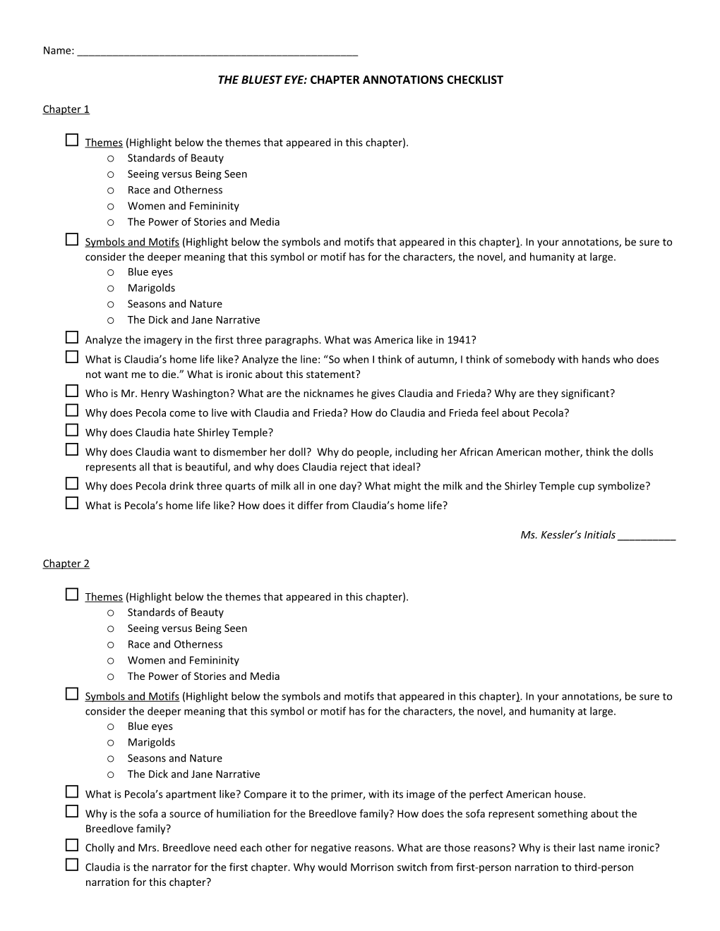 The Bluest Eye: Chapter Annotations Checklist