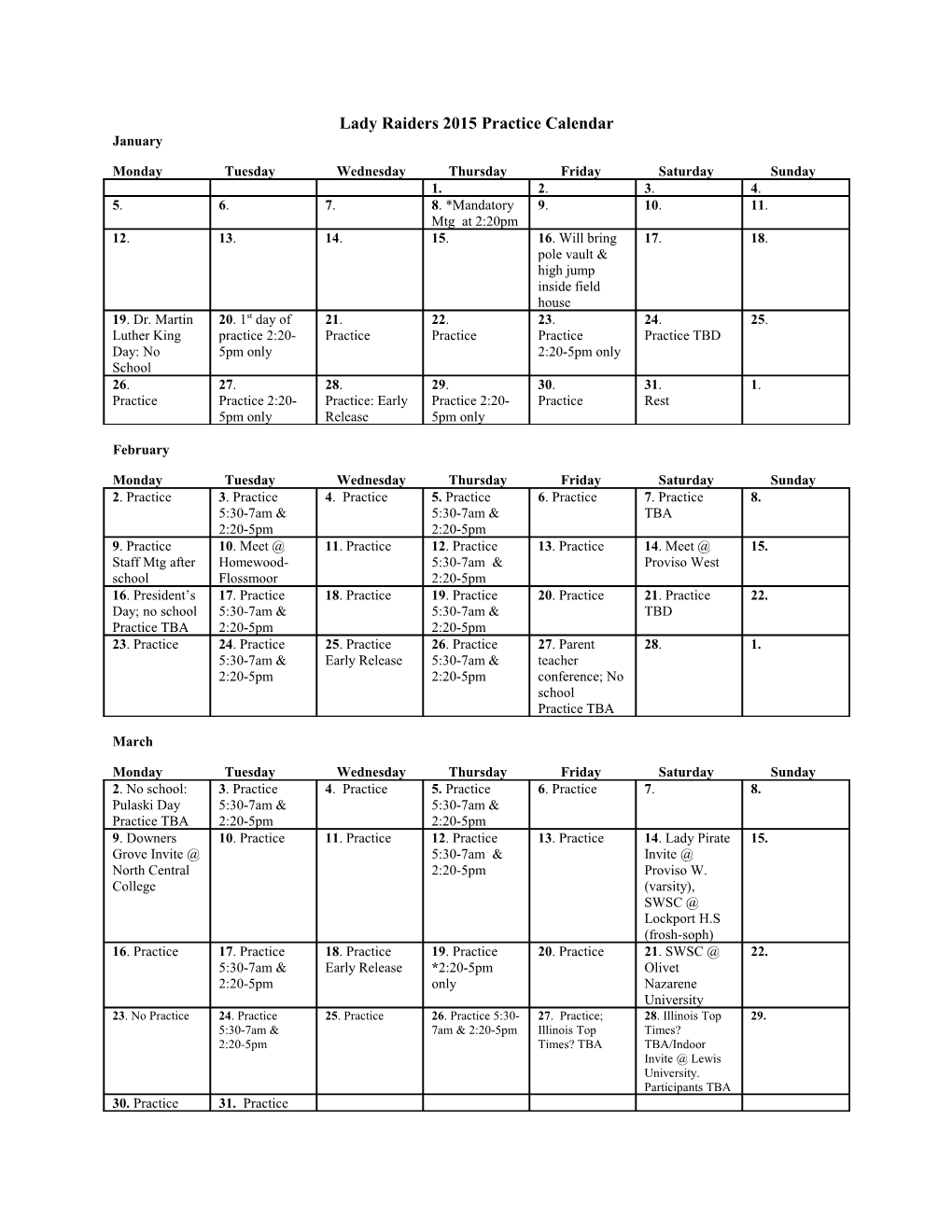 Lady Raiders 2015 Practice Calendar