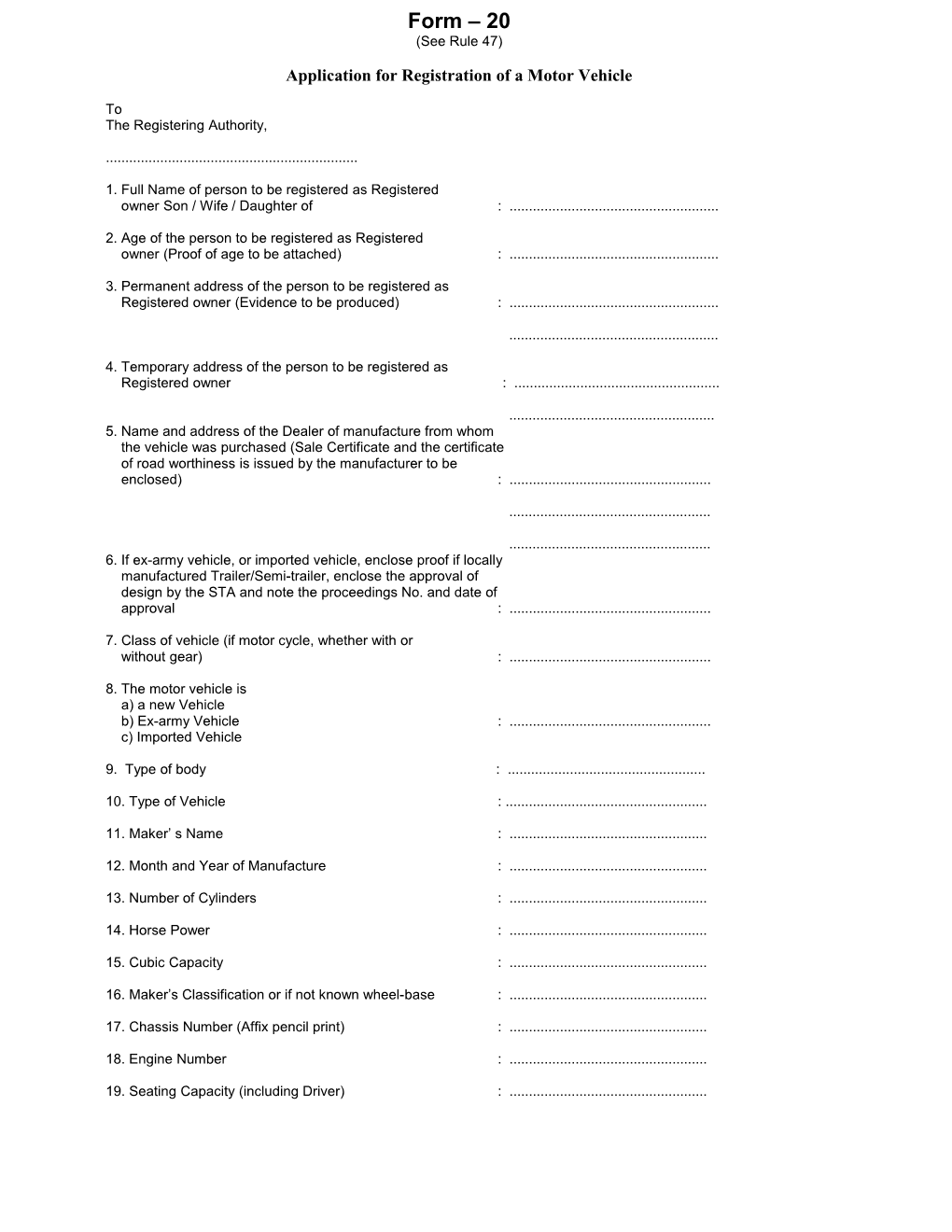 Application for Registration of a Motor Vehicle