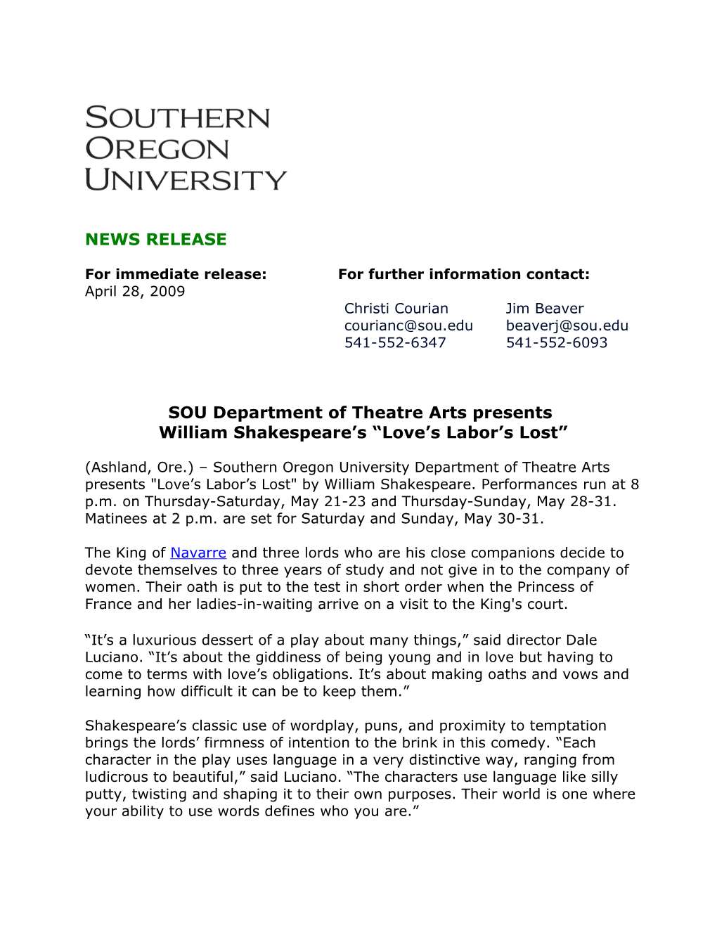 SOU Department of Theatre Arts Presents William Shakespeare S Love S Labor S Lost