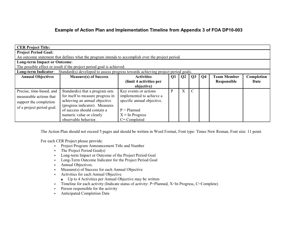 Example of Action Plan and Implementation Timeline