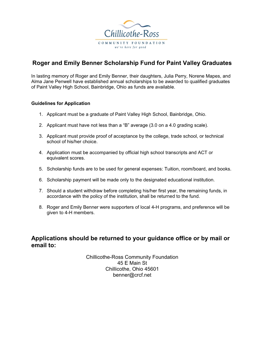 Roger and Emily Benner Scholarship Fund for Paintvalleygraduates