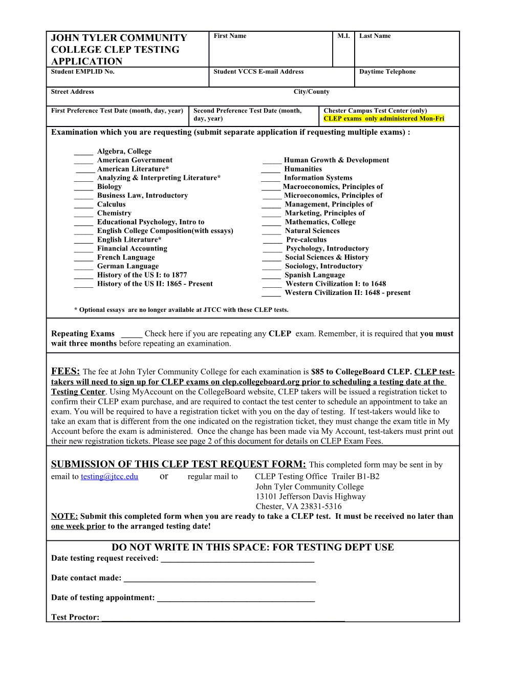 Clep Exam Fees