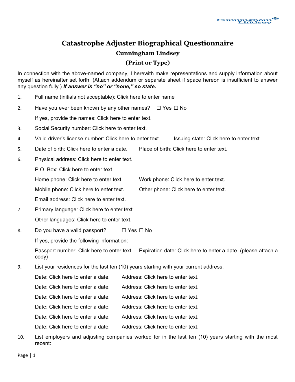 Catastrophe Adjuster Biographical Questionnaire