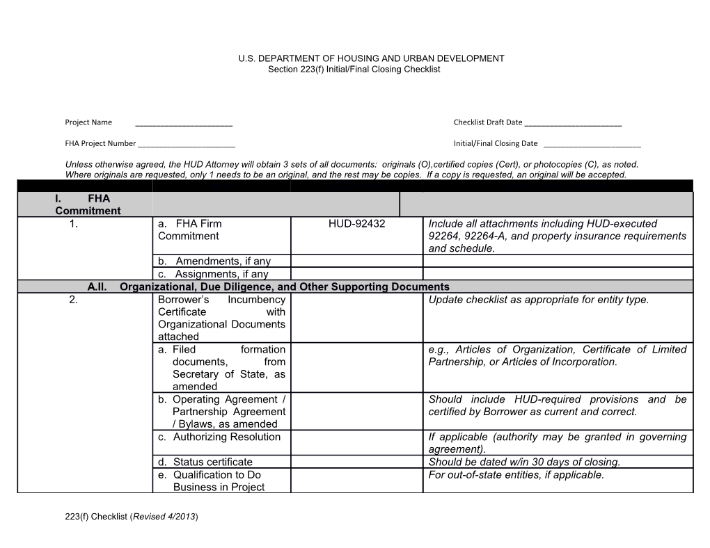 Section 223(F) Initial/Final Closing Checklist