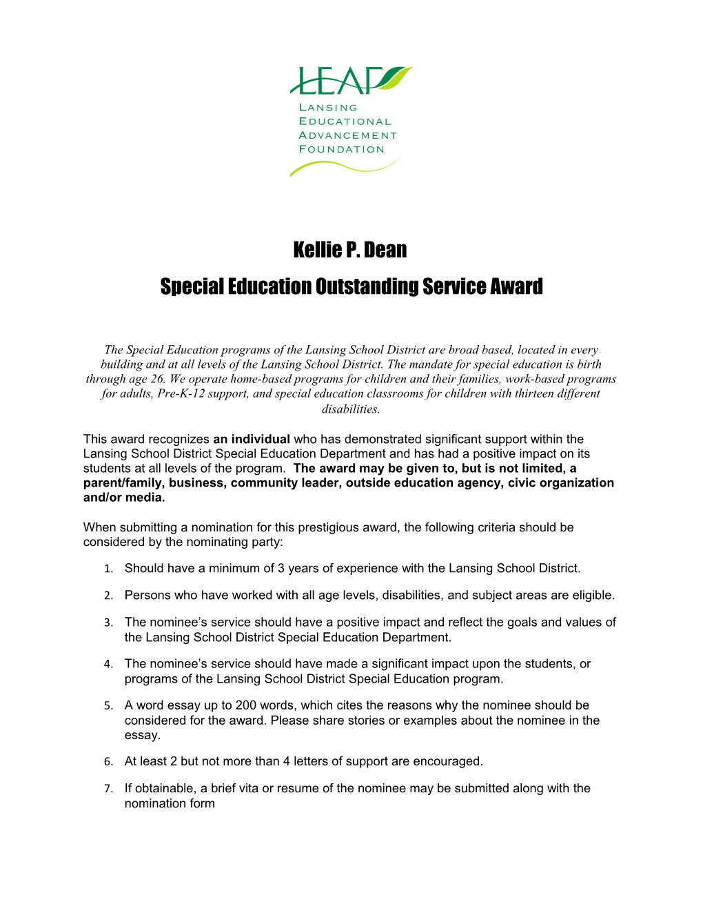 Special Education Outstandingservice Award